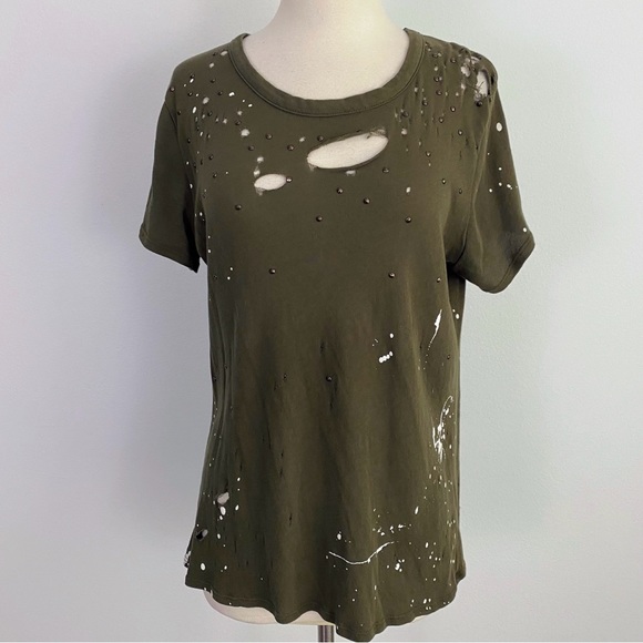 Chaser Olive Green Crew Neck Distressed Studded Paint Splatter T-Shirt Women’s M - Picture 2 of 9